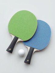 Two ping pong paddles, one green, one blue, with a white ball rest on a white background