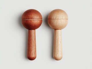 Two simple, wooden baby rattles; one dark reddish-brown, one light beige; minimalist design, shown against a neutral background