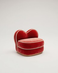 Red velvet heart-shaped armchair with off-white piping and a low, square base, shown against a plain white backdrop