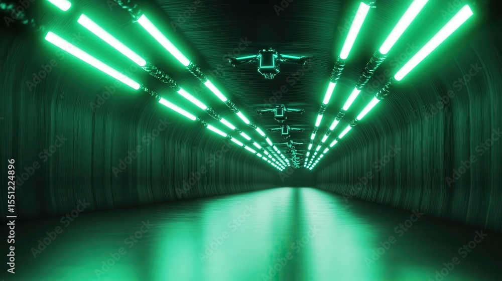 Poster a visually striking and abstract image of a tunnel illuminated with neon green lights, exemplifying 