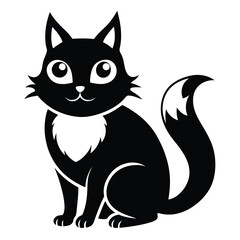 Stylized Black and White Cat Illustration Whimsical Feline with Big Eyes and a Bushy Tail Adorable Pet Clipart