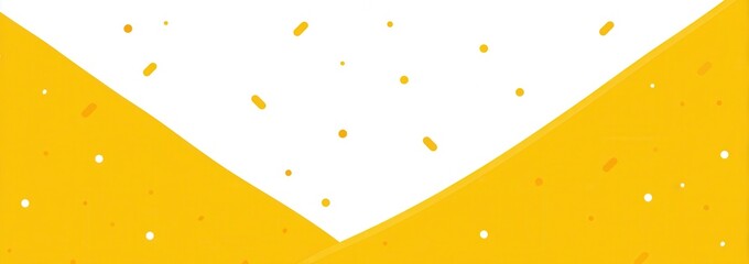 Abstract V-shaped design with yellow textured triangles meeting at a point on a white background, speckled with small yellow particles