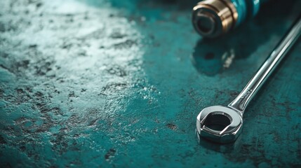 Obraz premium This close-up captures a shiny wrench laid on a textured surface, representing craftsmanship and precision, perfect for highlighting industrial tools and their importance in mechanics.