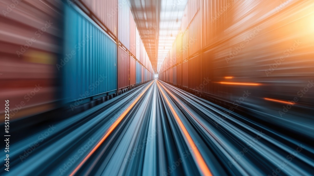 Poster an impressive perspective showcases a cargo train speeding through a container yard, emphasizing the