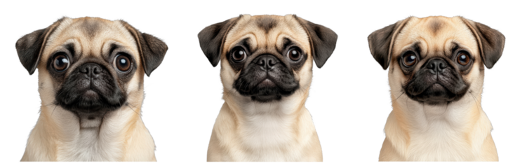 Trio of expressive pug faces on a black background