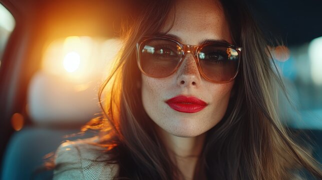A captivating woman with sunglasses and striking red lips gazes confidently at the camera during sunset, exuding a sense of allure and vibrant sophistication.