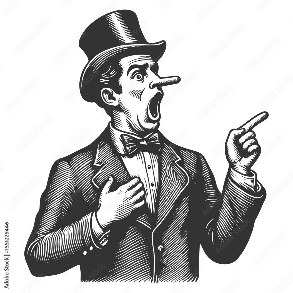 Poster surprised man with a long nose, dramatically pointing and denying guilt sketch engraving generative 