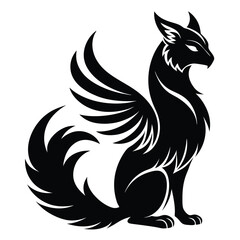 Majestic Winged Feline Guardian A Striking Silhouette of a Mythical Creature in Elegant Black and White Design