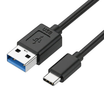 Black usb 3 0 to usb type c cable for data transfer and charging isolated on transparent background