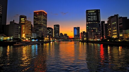 Fototapeta premium Cityscape at twilight, reflecting lights on calm water, showcasing urban architecture and vibrant colors of sunset