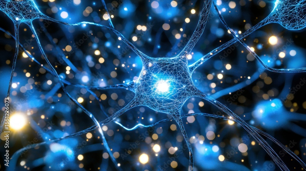 Poster blue neural network with glowing nodes in dark space