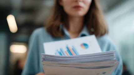 Close-up of a young stressed office employee holding a pile of business graphs and documents with hallway background, symbolizing workplace pressure and corporate workload in professional environment.