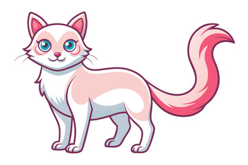 Cartoon Cat with White and Pink Fur, a Cute Expression, and a Curled Tail Standing on All Fours