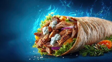 A 4K photo of hot mouth watering image of yummy shawarma with blue background, food advertisement background.