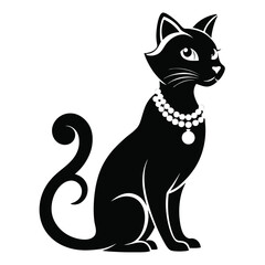 Elegant Black Cat Illustration in Chic Silhouette Sitting Gracefully with a Pearl Necklace and Fluffy Tail Design