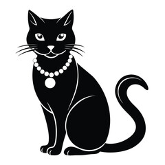 Elegant Black Cat Silhouette Adorned with a Pearl Necklace Symbolizing Feline Grace and Mysterious Charm in a Vector Illustration