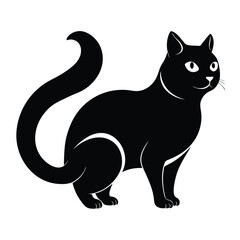 Elegant Black Cat Silhouette with Curled Tail and Alert Expression a Classic Feline Depiction in Simple Graphic Style