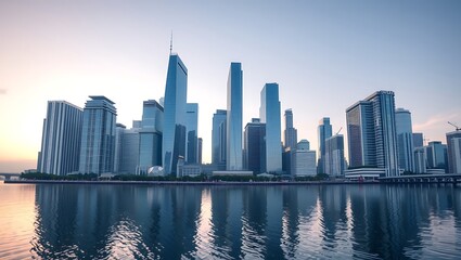 Obraz premium Modern city skyline reflected in calm water at dawn