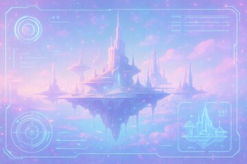 Futuristic Floating City in the Sky with Pastel Holographic HUD – Elegant AI Generated Landscape