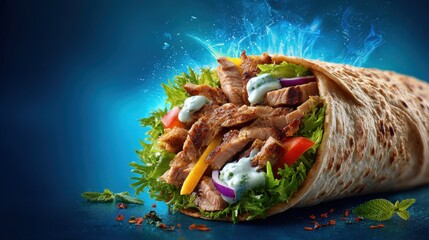 A 4K photo of hot mouth watering image of yummy shawarma with blue background, food advertisement background.