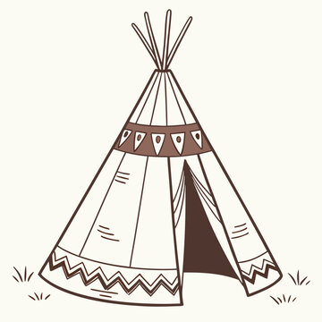 Stylized teepee illustration with indigenous tribal accents and earth tones