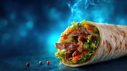 A 4K photo of hot mouth watering image of yummy shawarma with blue background, food advertisement background.