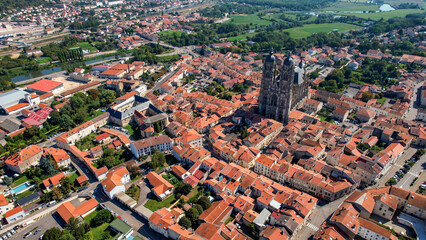 An Aerial panorama view with pan of the old town around the city Saint-Nicolas-de-Port in France on...