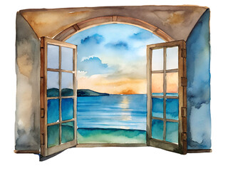 Watercolor Seascape Through Open Arch Window on Transparent Background, Watercolor Clipart Illustration With Isolated Background.