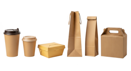 Collection of kraft paper food packaging and coffee cups isolated on transparent background