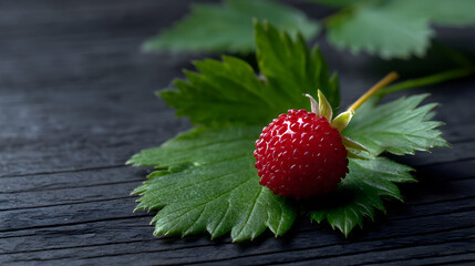 Ripe wild strawberry gleaming crimson, nestled among verdant leaves on weathered wooden surface, highlighting natural beauty and rustic charm