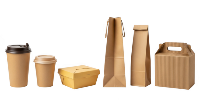 Collection of kraft paper food packaging and coffee cups isolated on transparent background