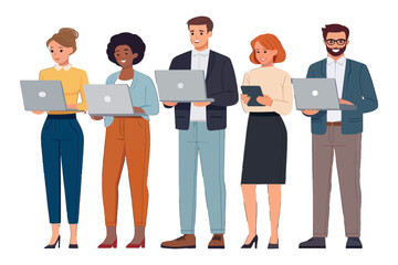 Fototapeta premium Digital Work Team: A diverse group of business individuals stand together, each engrossed in their laptops, showcasing modern work and digital communication.
