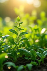 Fototapeta premium Close-up view of herb garden featuring thyme, oregano, and chili plants, sunlight highlighting fresh textures, with blurred background 