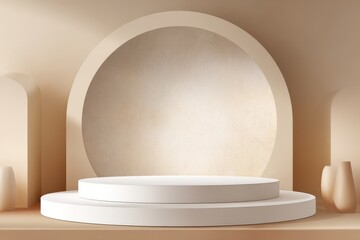 A 4K photo of minimal abstract background with a white round podium on a beige-colored wall, displaying a product or cosmetics in a mockup style for presentation design.