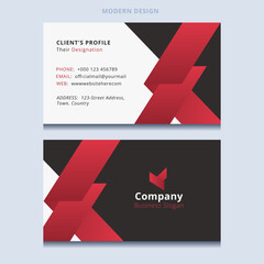 Corporate business card design with bold red diagonal shapes. Modern red and black business card design with geometric layout.