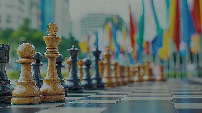 Chessboard game pieces on city backdrop, flags blurred - Powered by Adobe