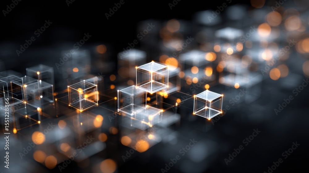 Poster visual representation of blockchain technology with interconnected cubes glowing in financial colors