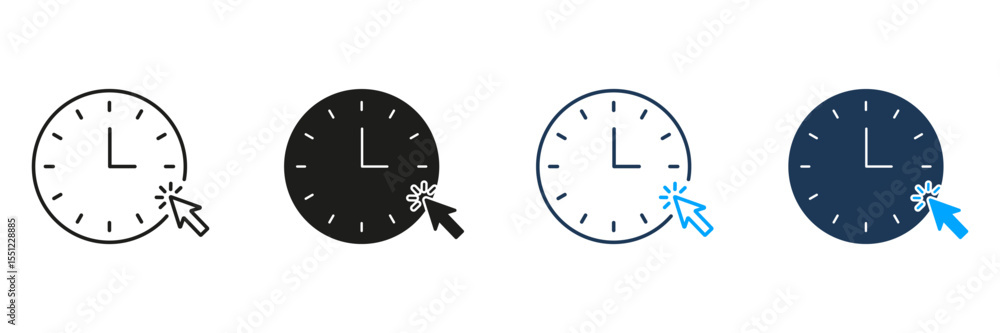 Poster clock with cursor click line and solid icon set. time management, scheduling, and online interaction