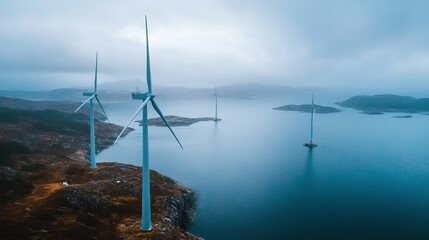 Coastal wind turbines in misty sea landscape