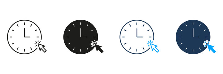 Clock With Cursor Click Line And Solid Icon Set. Time Management, Scheduling, And Online Interaction Symbol Collection. Efficient Planning And Digital Engagement. Isolated Vector Illustration