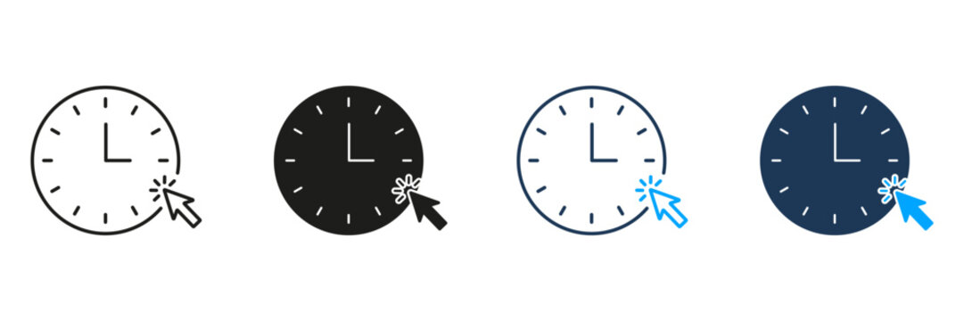 Clock With Cursor Click Line And Solid Icon Set. Time Management, Scheduling, And Online Interaction Symbol Collection. Efficient Planning And Digital Engagement. Isolated Vector Illustration