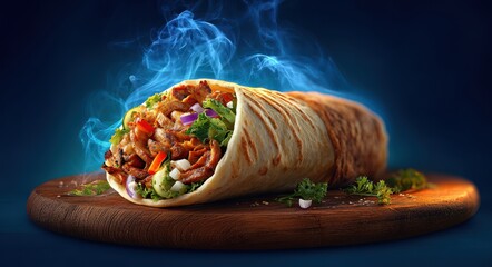 A 4K photo of sCharts and graphics for social networks, flat design of shawarma with smoke on wooden board isolated dark blue background, high resolution photography.