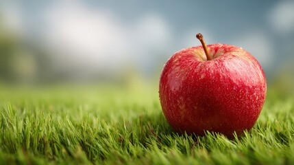 A 4K photo of red apple on green grass presenting a beautiful landscape, apple copy space image.