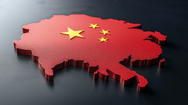 China map in red and gold, raised relief, dark surface