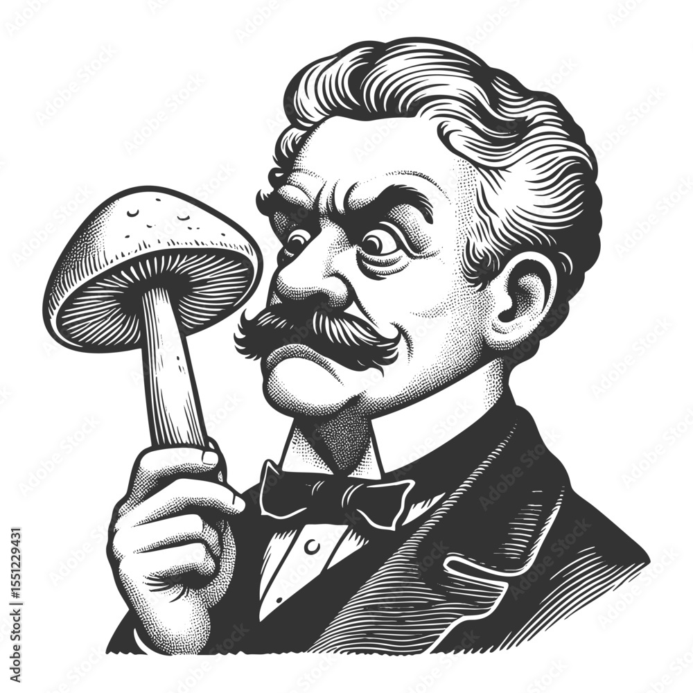 Poster mustached man intensely inspecting a large mushroom with a suspicious expression sketch engraving ge