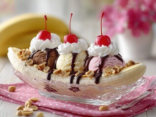 Classic Delicious Banana Split Dessert with Ice Cream and Toppings