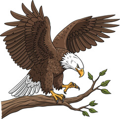 Vector Illustration of a Bald Eagle Perched on a Tree Branch – Wild Bird of Prey
