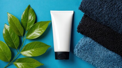 A 4K photo of white Cleanser Tube on Blue and Black Towels with Green Leaves.