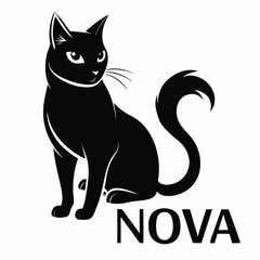 Sleek Black Cat Illustration with Curled Tail and the Text Nova, a Modern Design for Cat Lovers and Pet Businesses