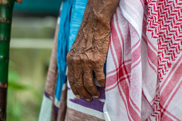 An old man's hand and all the veins on his hand are visible.